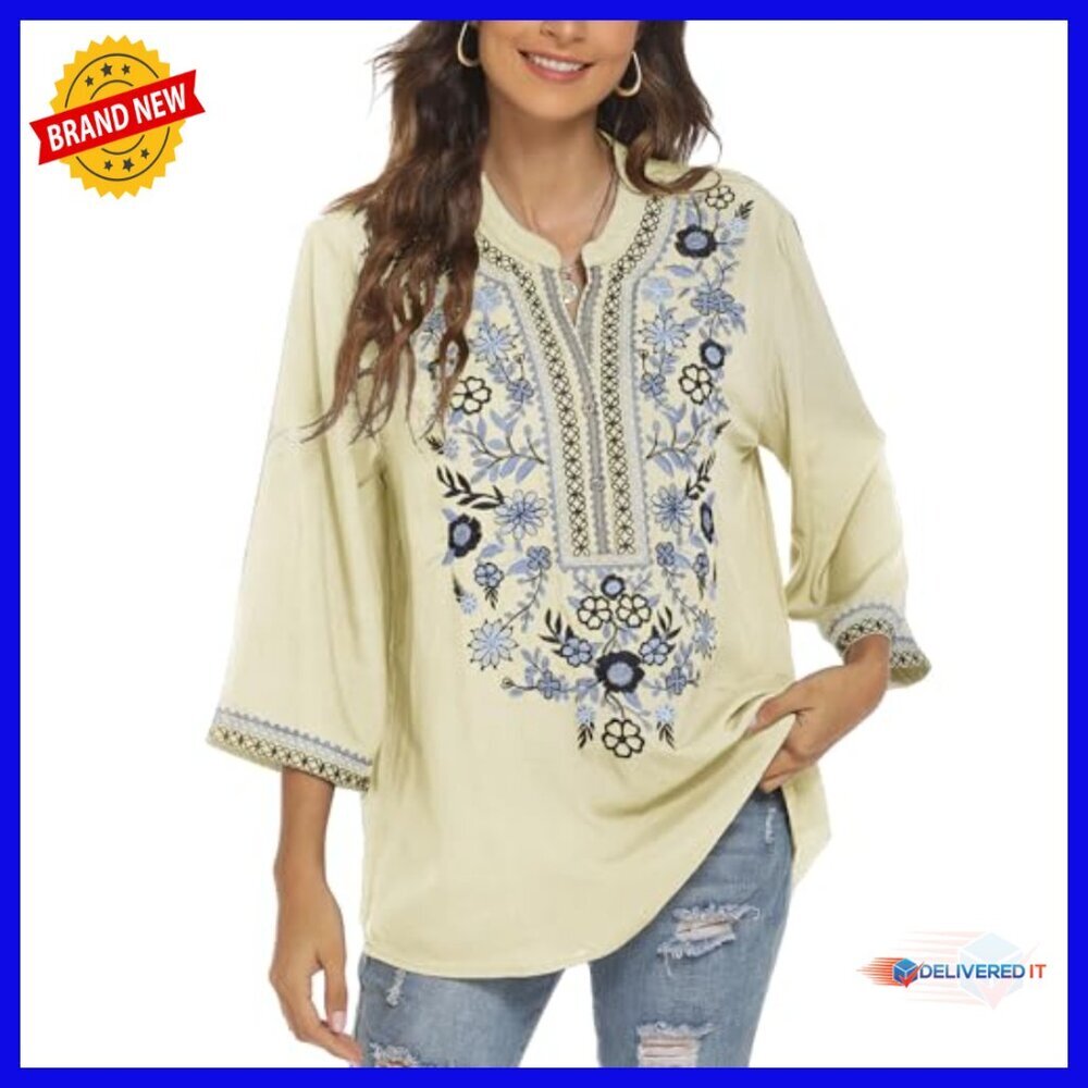 Loose Fit Embroidered Tunic Blouse 3/4 Sleeve V-Neck Bohemian Top - Picture 3 of 6
